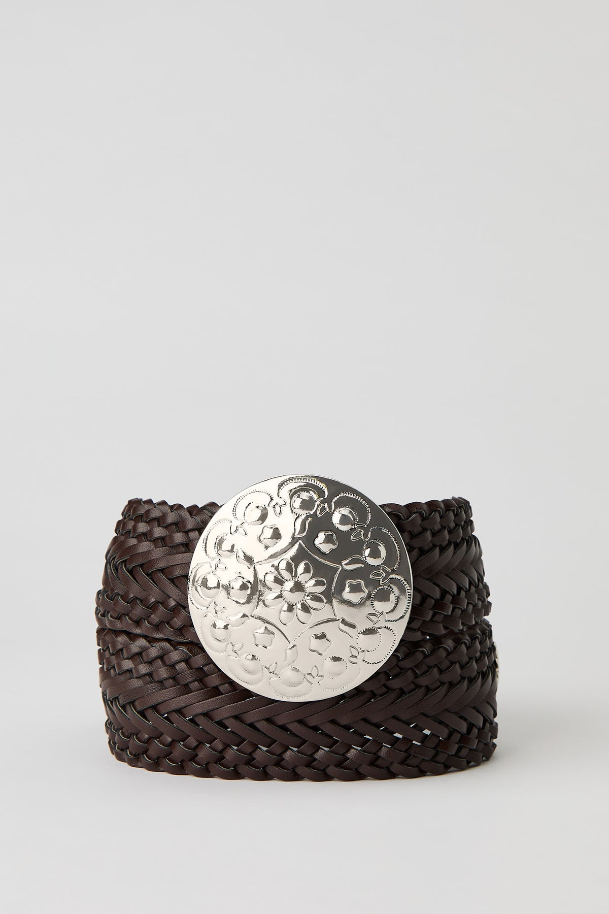Western Buckle Braided Belt - Brown