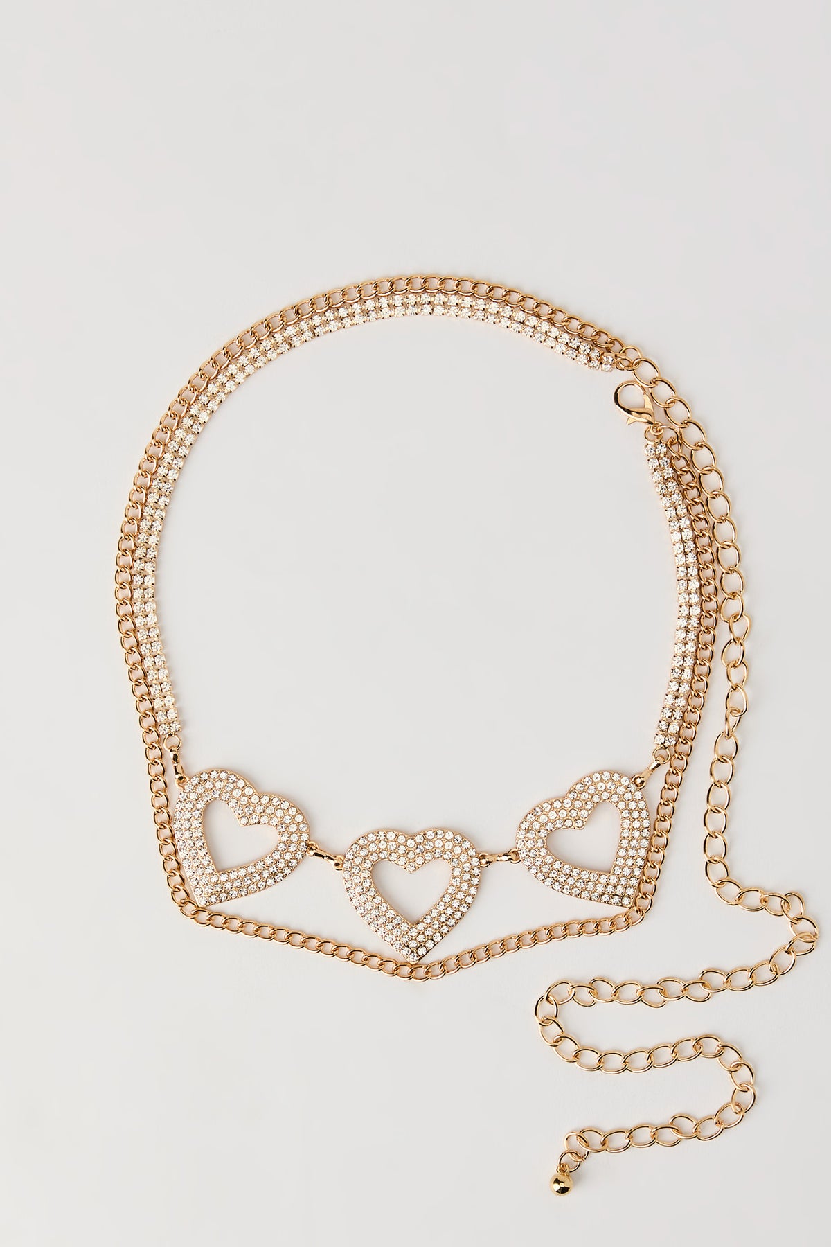 Rhinestone Heart Layered Chain Belt - Gold