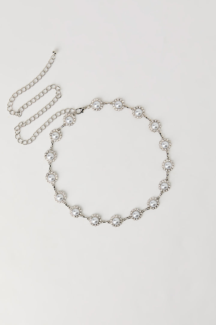 Faux Pearl Rhinestone Chain Belt