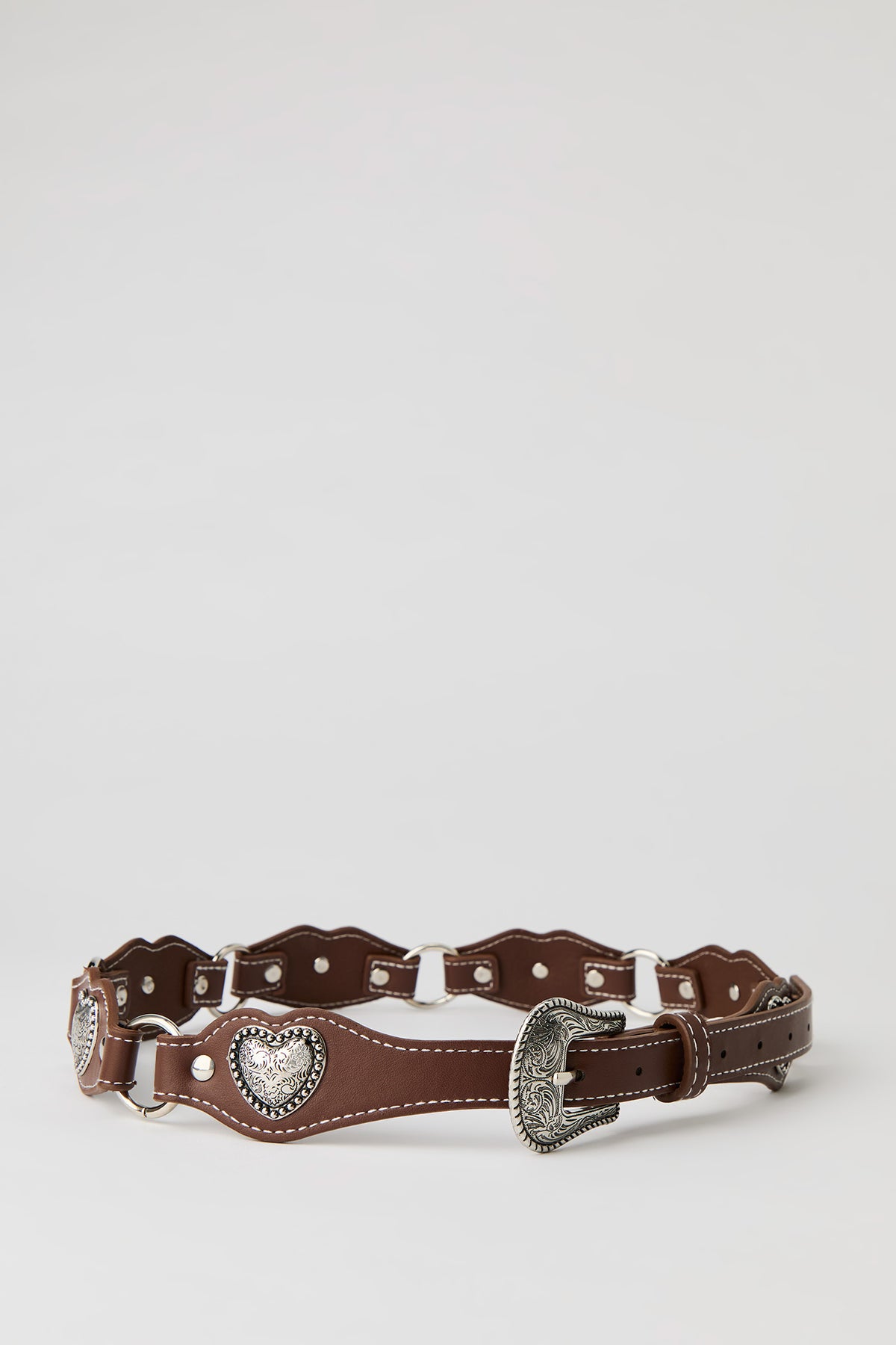 Faux Leather Heart Medallion Western Belt - Brown