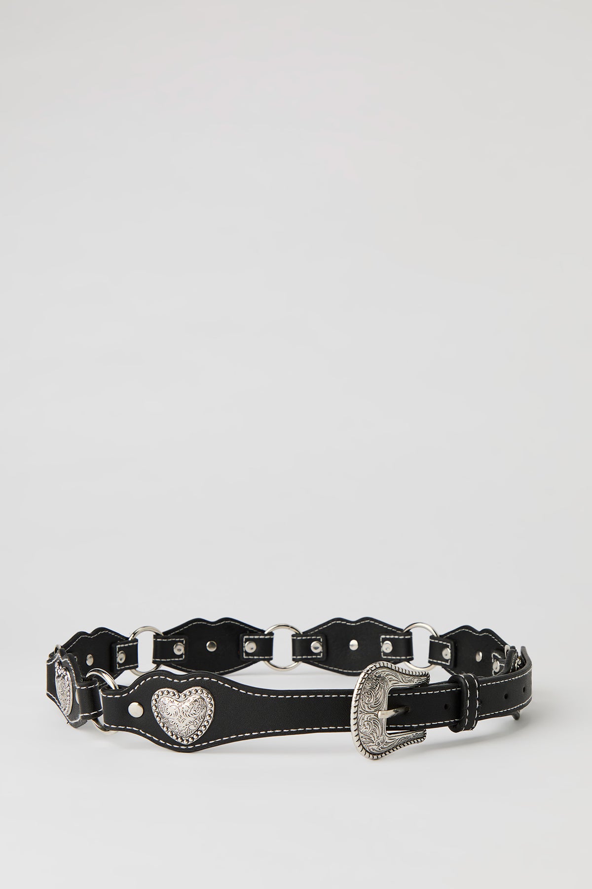 Faux Leather Heart Medallion Western Belt - Solid Black