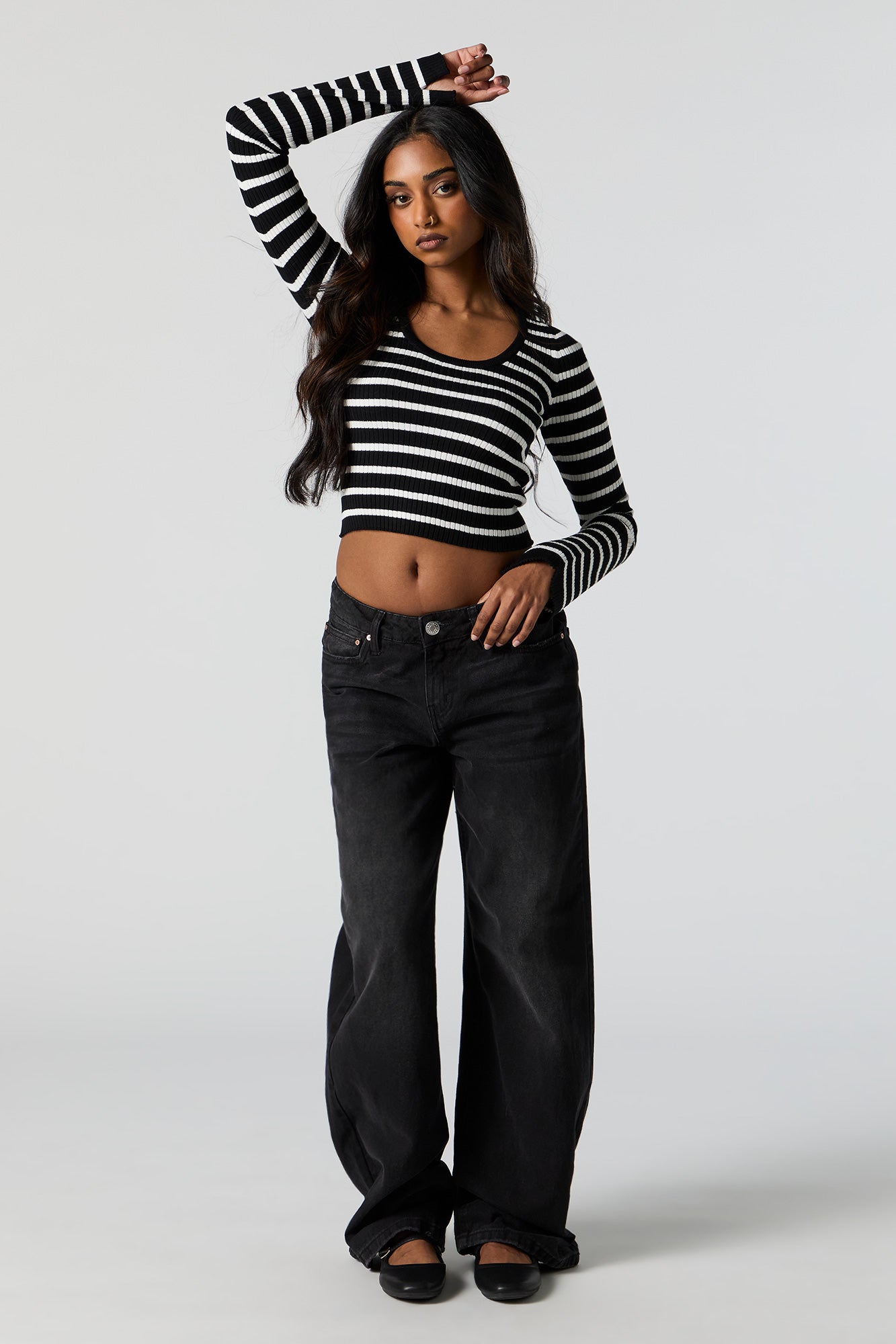 Striped Ribbed Knit Scoop Neck Cropped Sweater