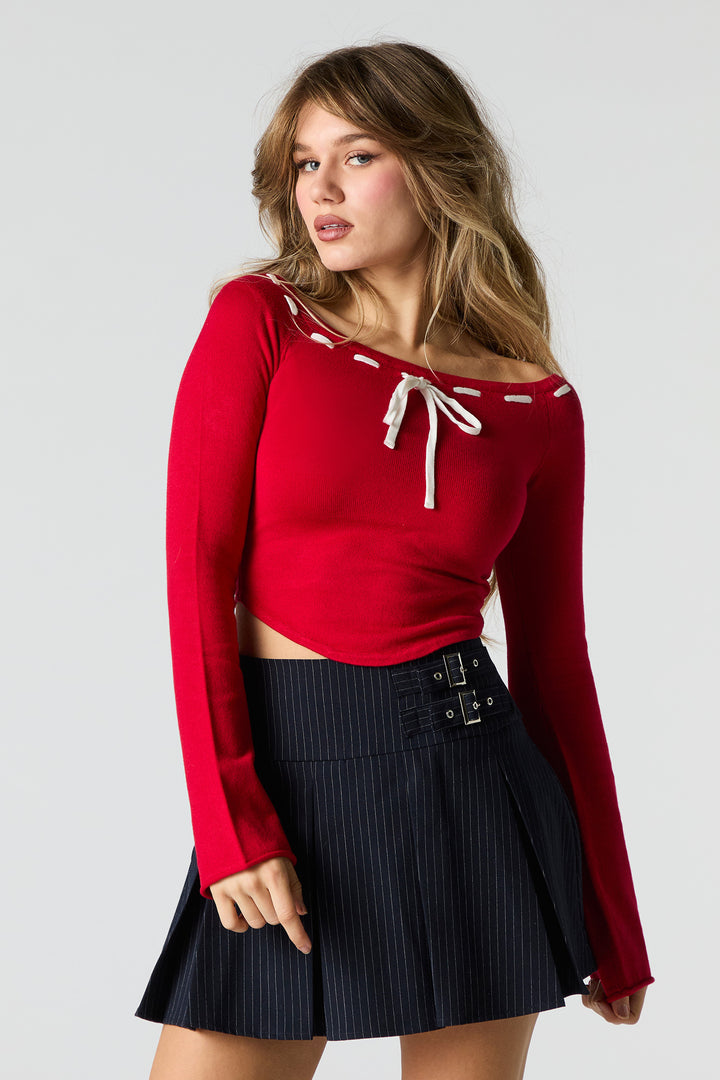 Contrast Stitch Boat Neck Crop Top