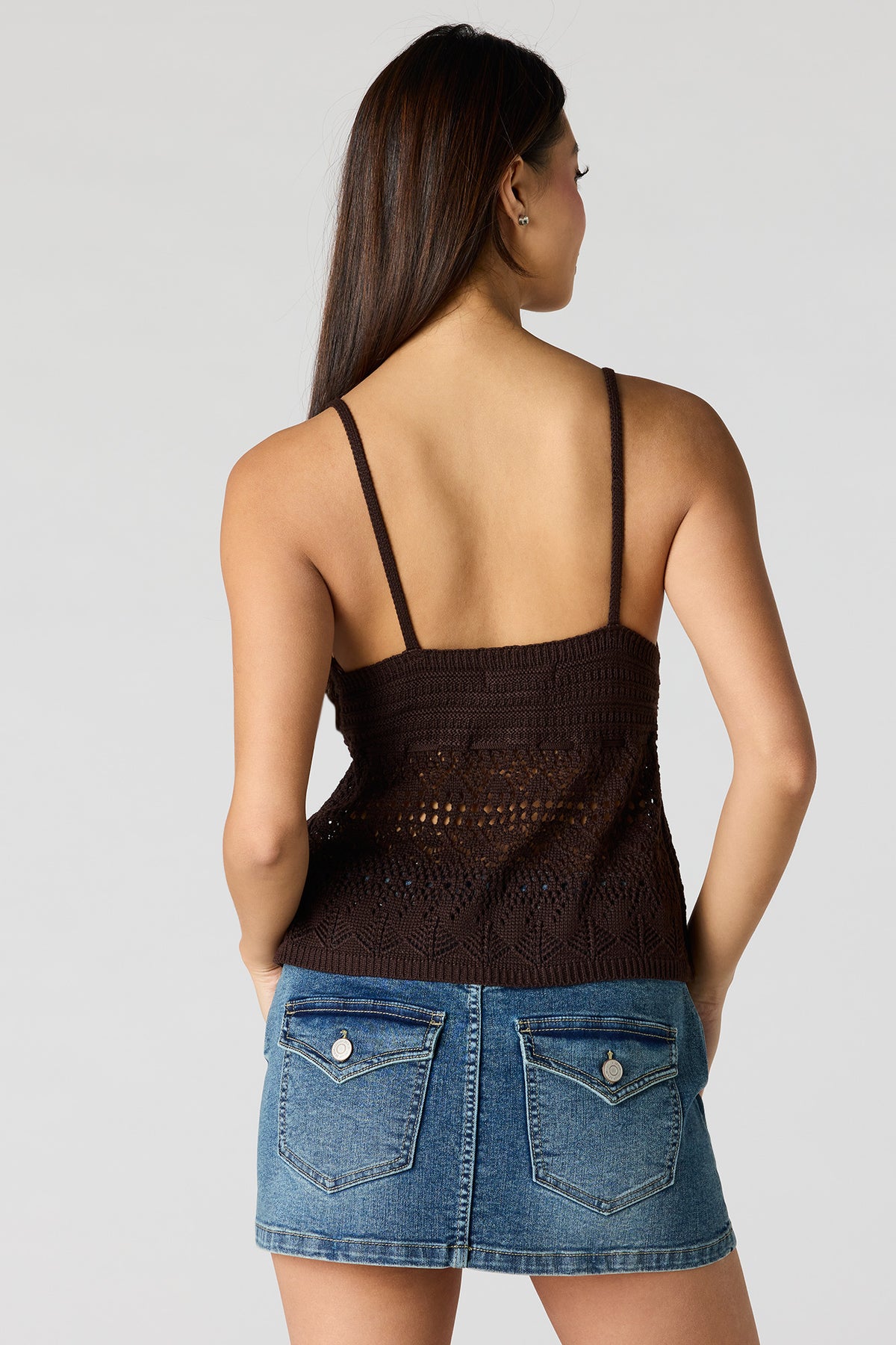 Alt View 2. Crochet Tie Front Babydoll Tank - Brown