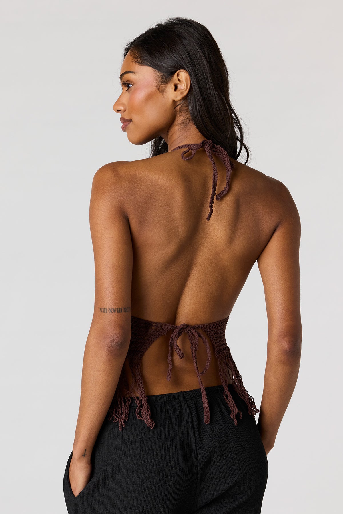 Alt View 2. Crochet Halter Top - Brown