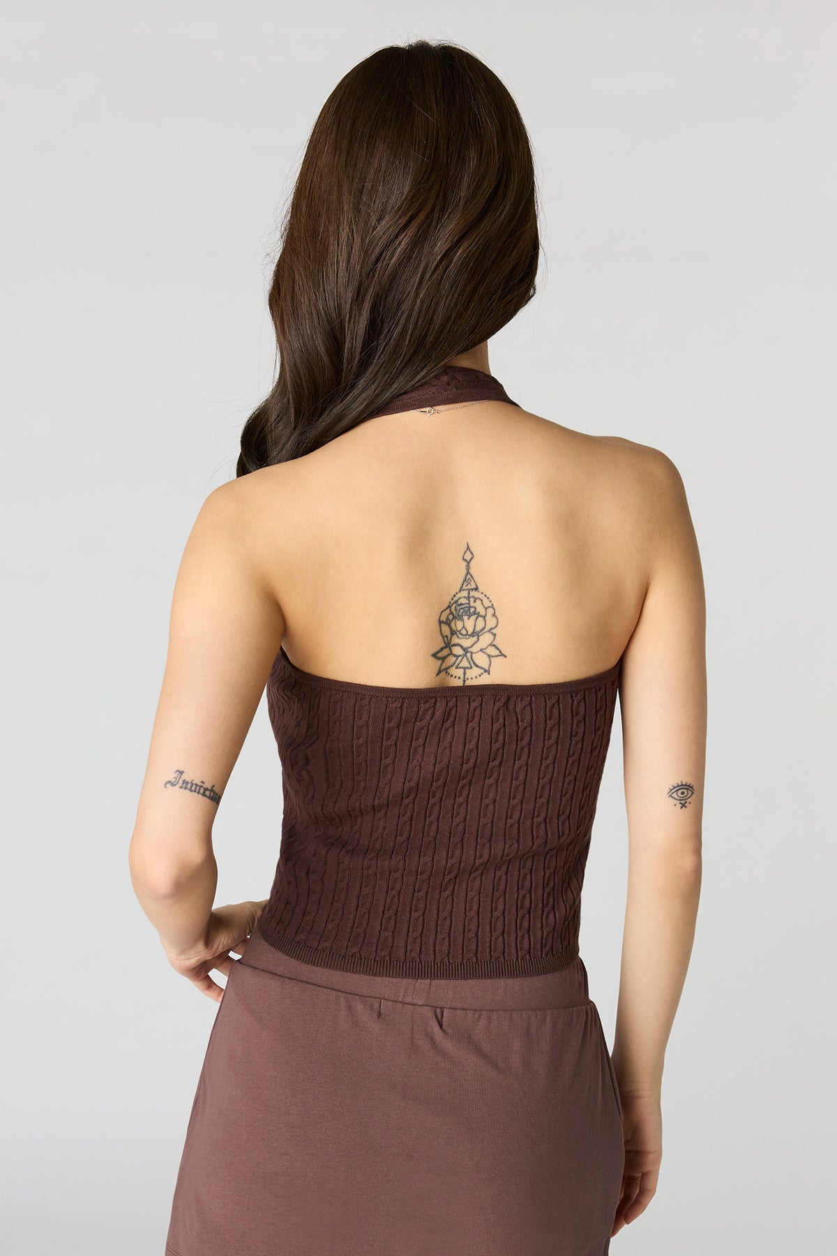 Alt View 2. Cable Knit Halter Top - Brown