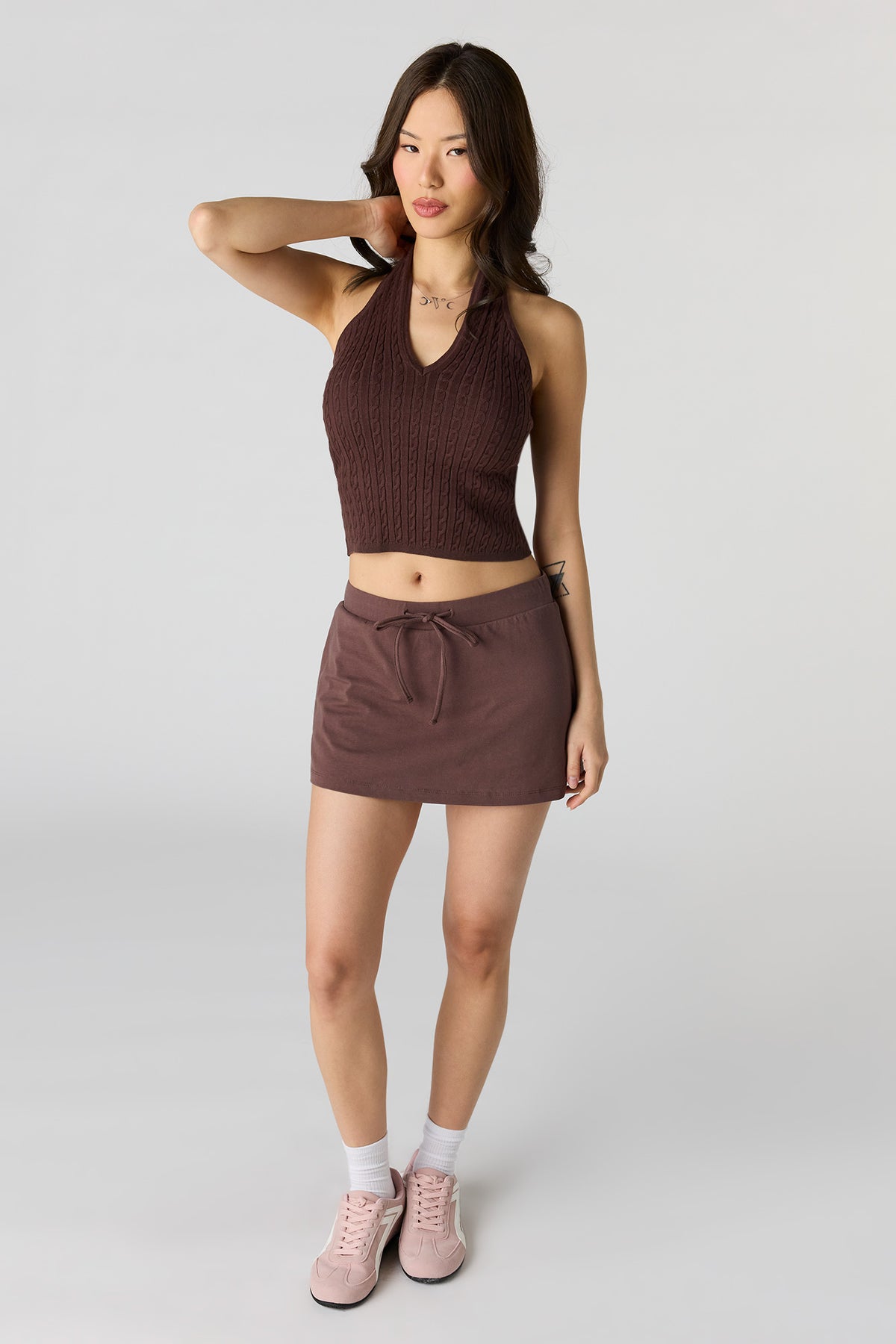 Alt View 3. Cable Knit Halter Top - Brown