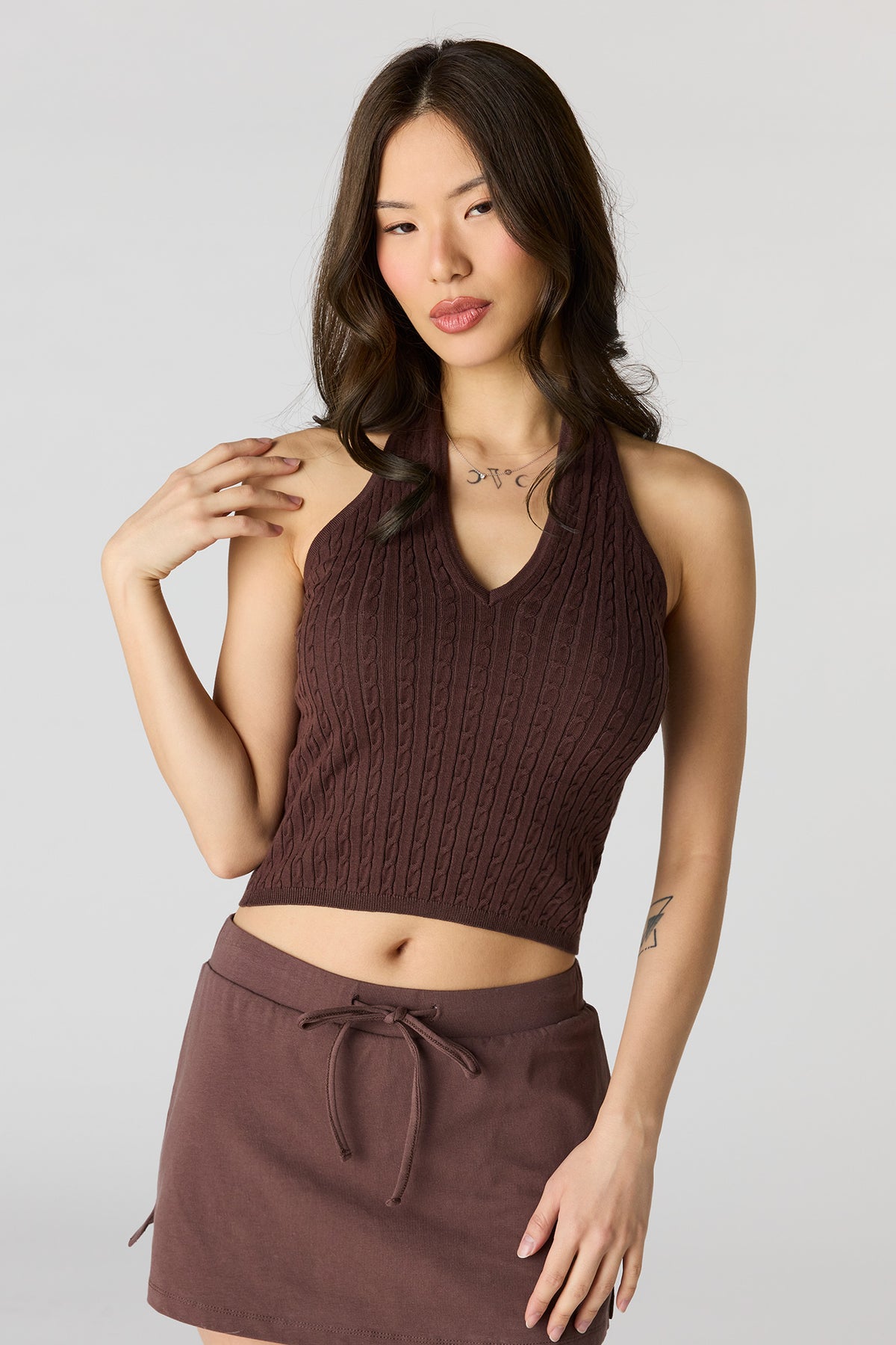 Cable Knit Halter Top - Brown