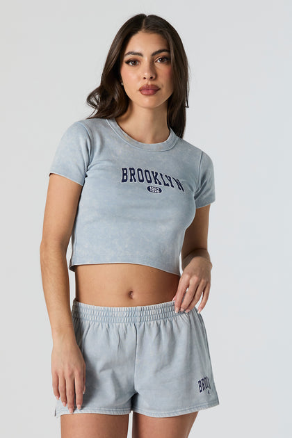 T-shirt court délavé à imprimé Brooklyn