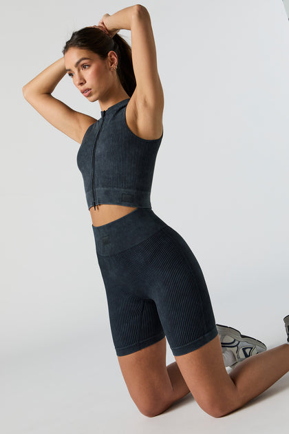 Green Sommer Ray Washed Seamless Ribbed Zip-Up Tank