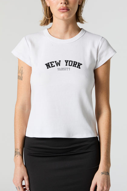 T-shirt ajusté côtelé à imprimé New York