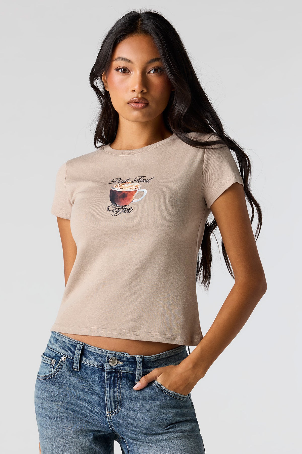 Graphic Ribbed T-Shirt - Taupe