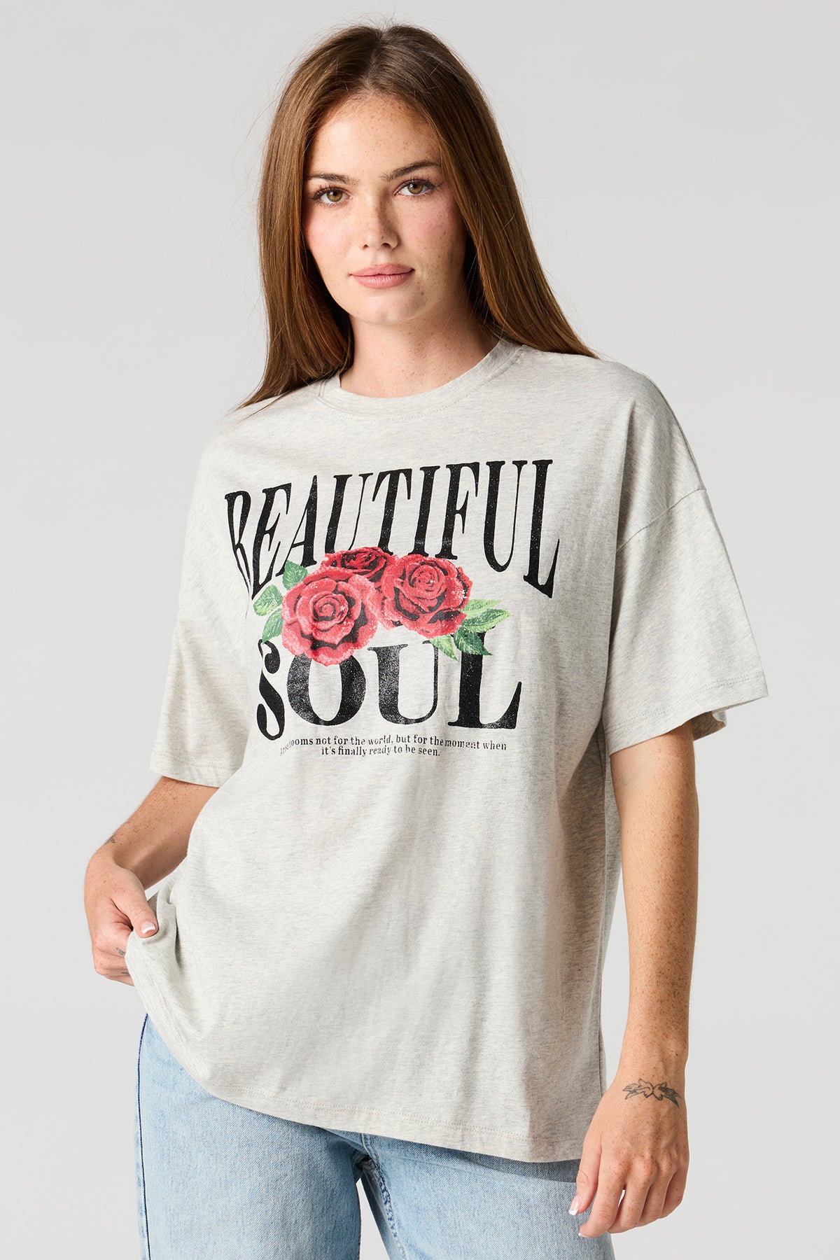 Graphic Oversized Boyfriend T-Shirt - Heather Grey