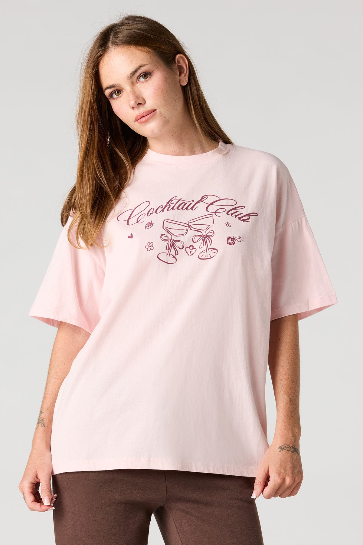 Cocktail Graphic Oversized T-Shirt - Light Pink