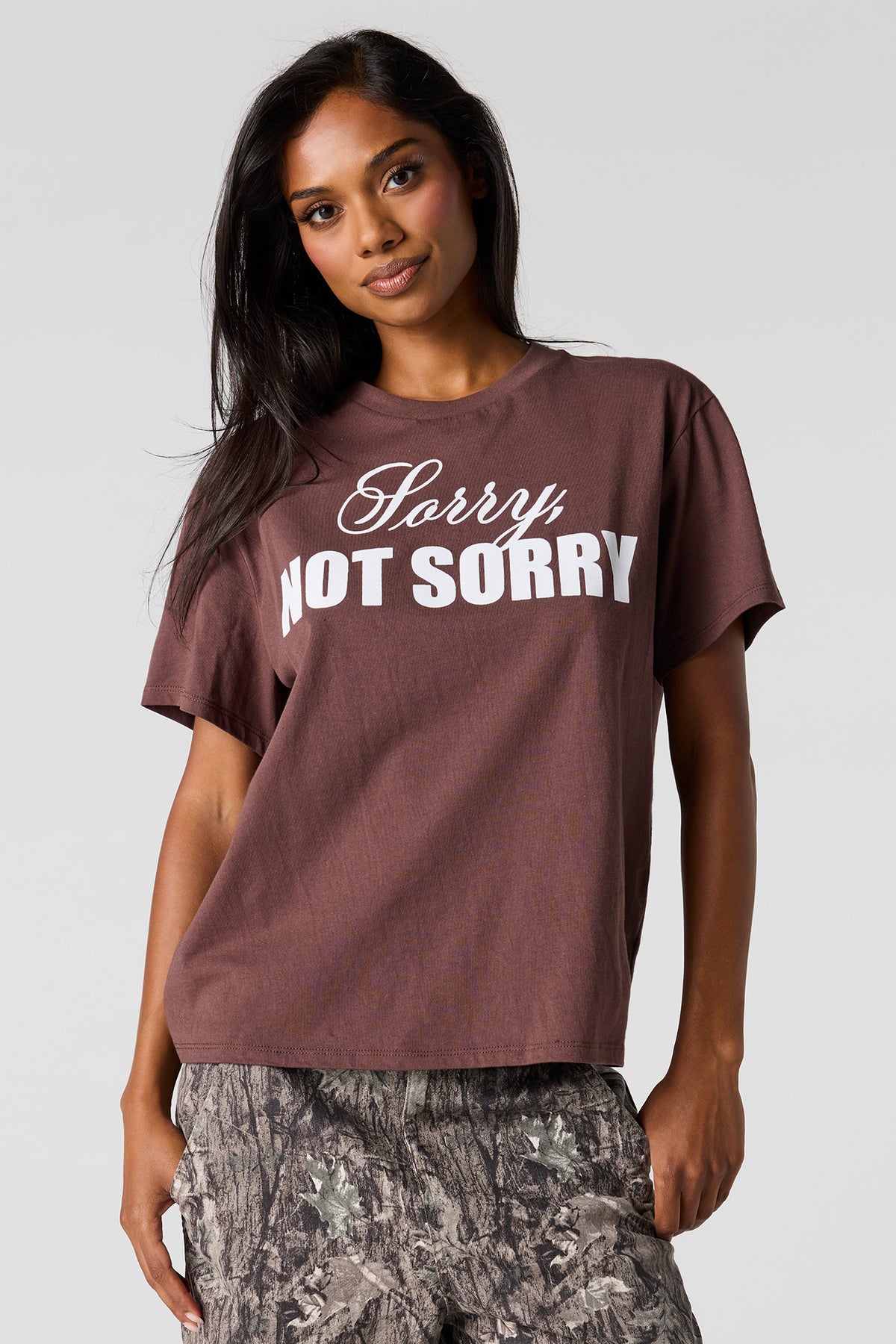 Flocked Print Boxy Boyfriend T-Shirt - Brown