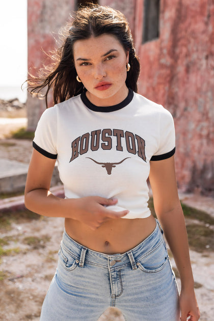 T-shirt ultracourt à liséré contrastant avec imprimé Houston