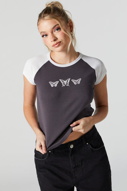 T-shirt raglan à imprimé Papillon