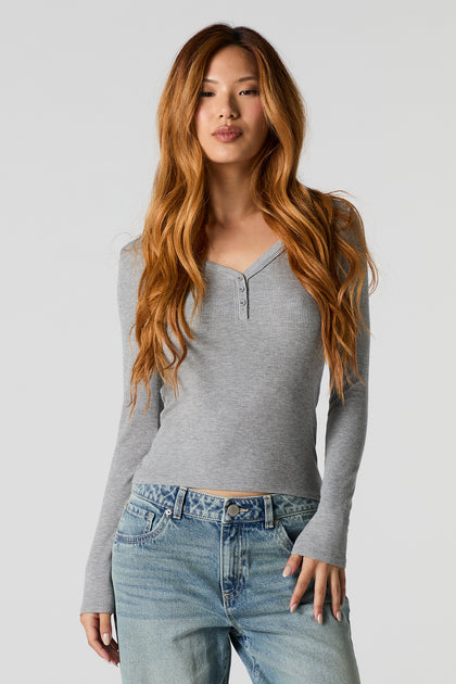 Ribbed Henley Long Sleeve Top