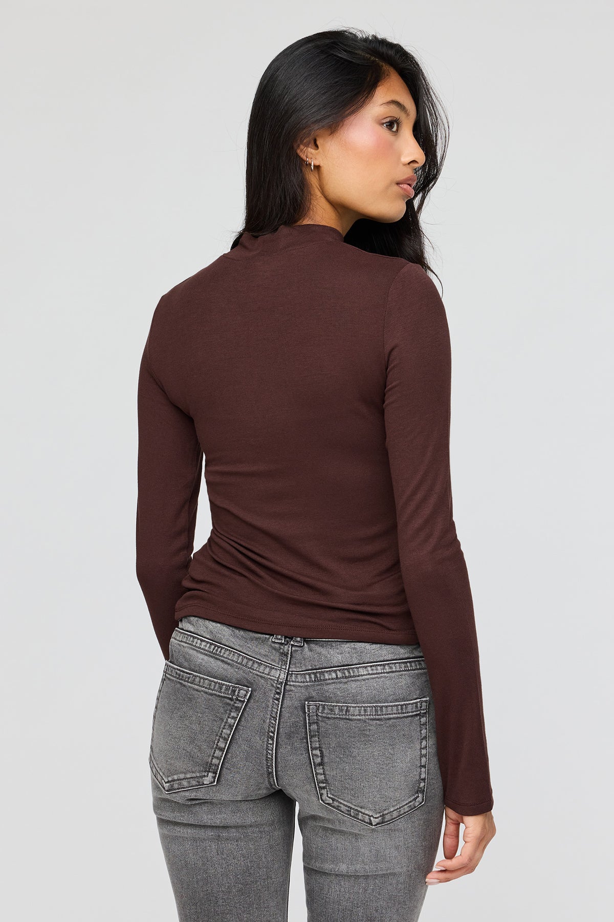 Alt View 2. Ribbed Mock Neck Long Sleeve Top - Brown