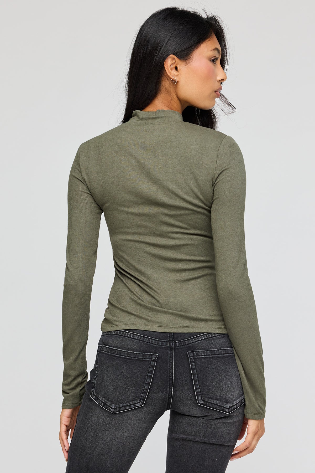 Alt View 2. Ribbed Mock Neck Long Sleeve Top - Dark Green