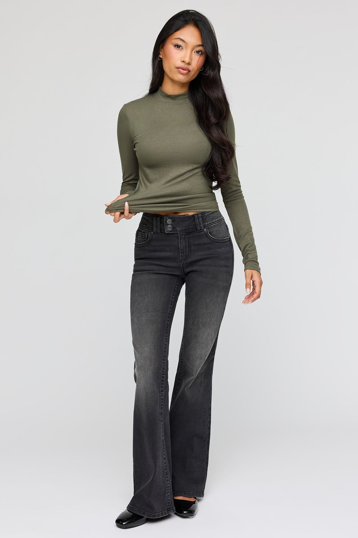 Alt View 3. Ribbed Mock Neck Long Sleeve Top - Dark Green