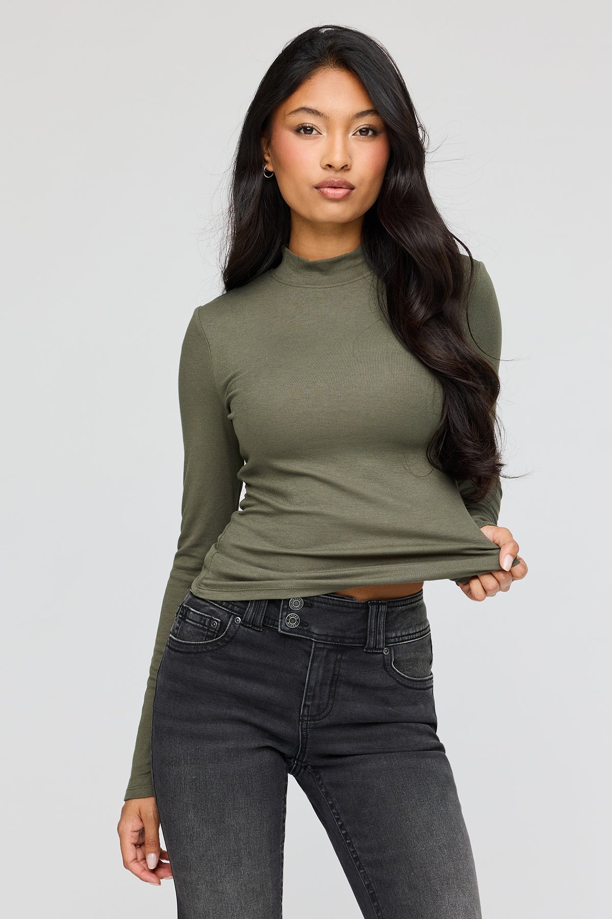 Ribbed Mock Neck Long Sleeve Top - Dark Green
