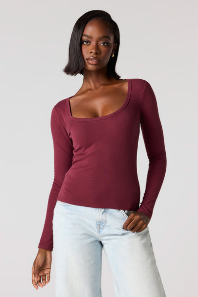 Ribbed Scoop Neck Long Sleeve Top – Urban Planet