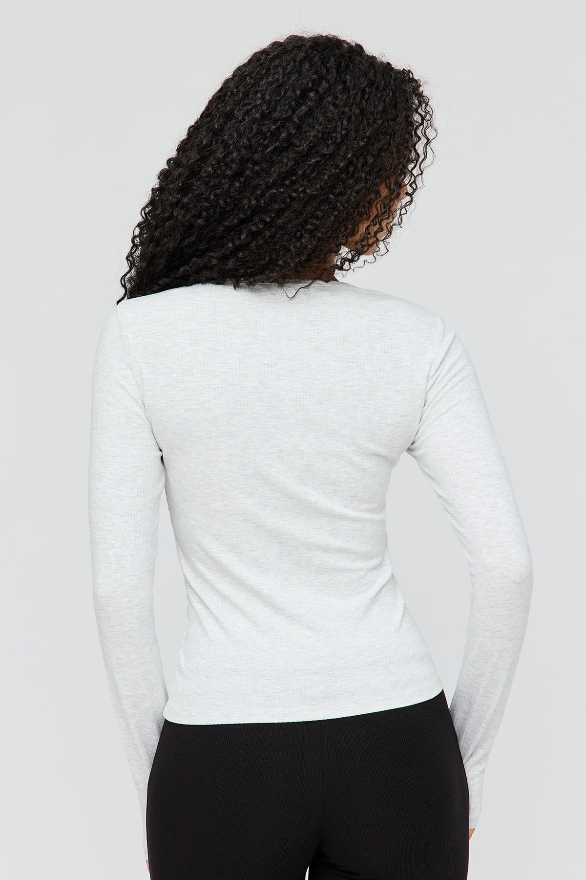 Alt View 2. Ribbed Henley Long Sleeve Top - Heather Grey