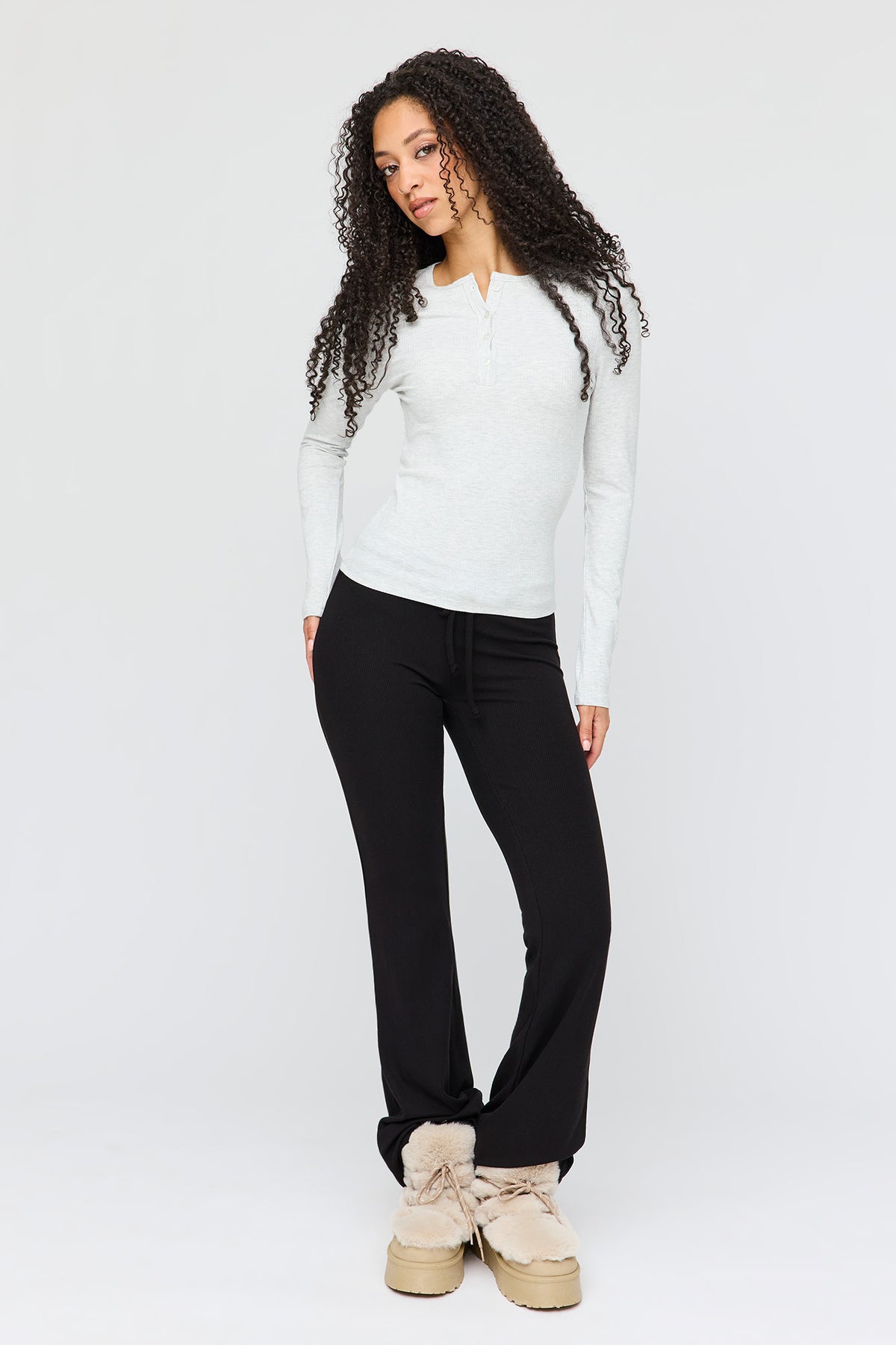 Alt View 3. Ribbed Henley Long Sleeve Top - Heather Grey