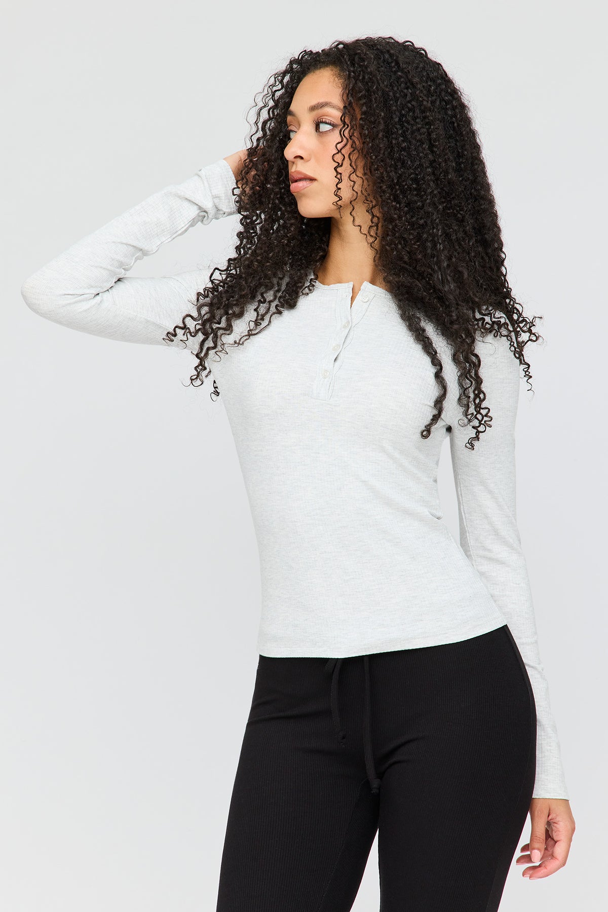 Ribbed Henley Long Sleeve Top - Heather Grey