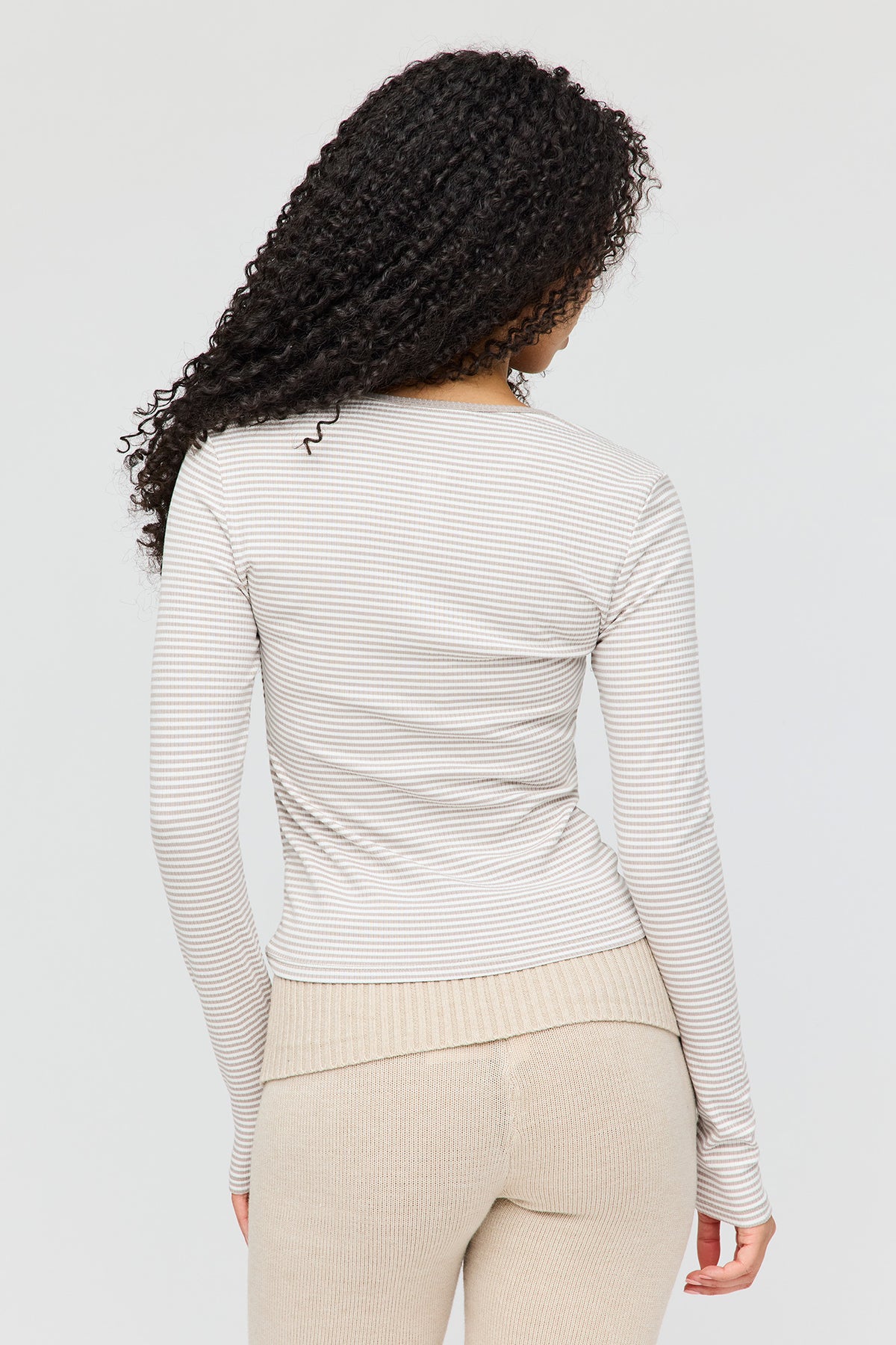 Alt View 2. Ribbed Henley Long Sleeve Top - Cream