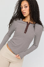 Ribbed Henley Long Sleeve Top