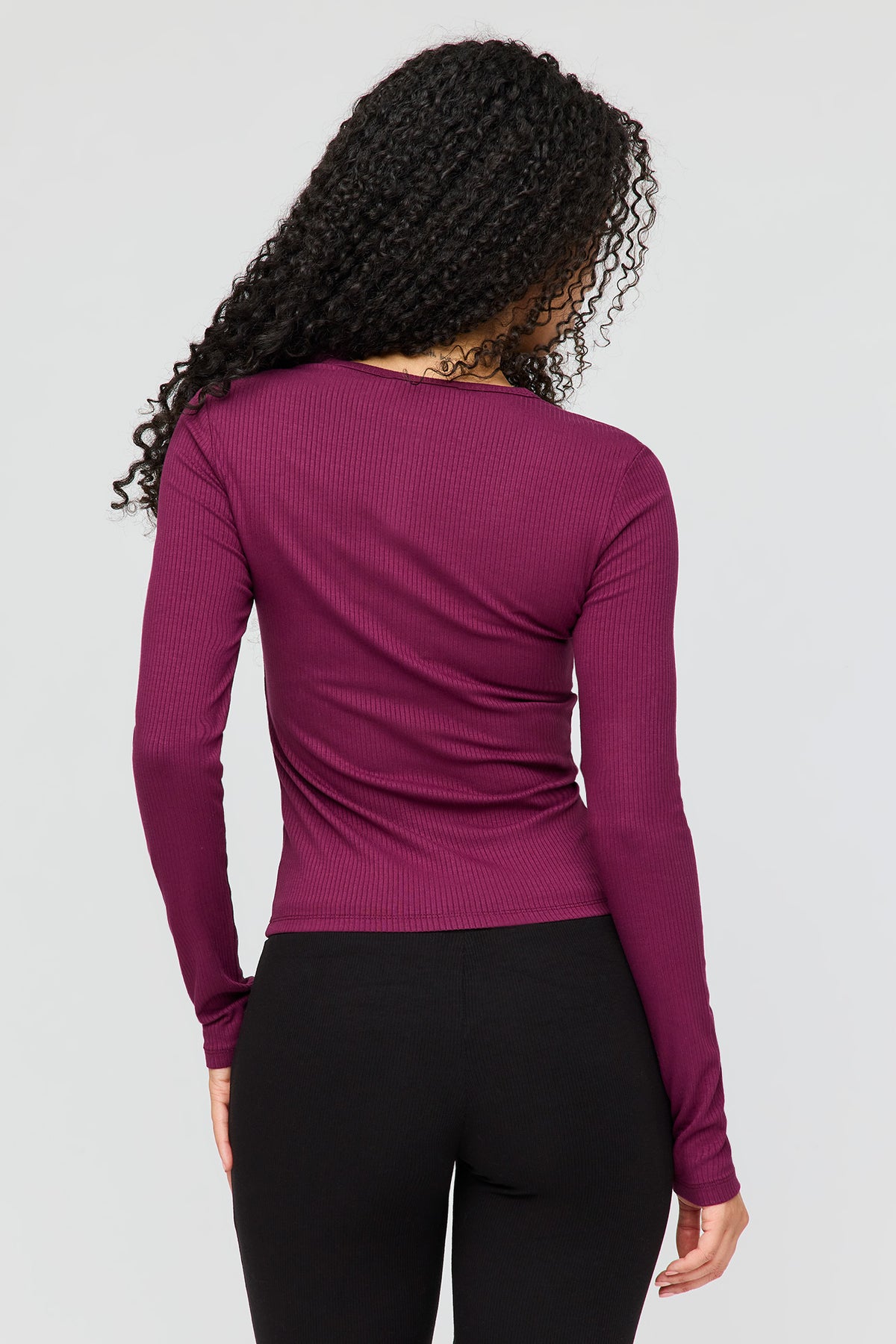 Alt View 2. Ribbed Henley Long Sleeve Top - Purple