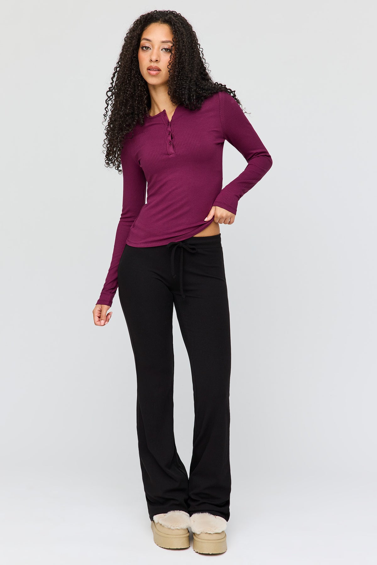 Alt View 3. Ribbed Henley Long Sleeve Top - Purple