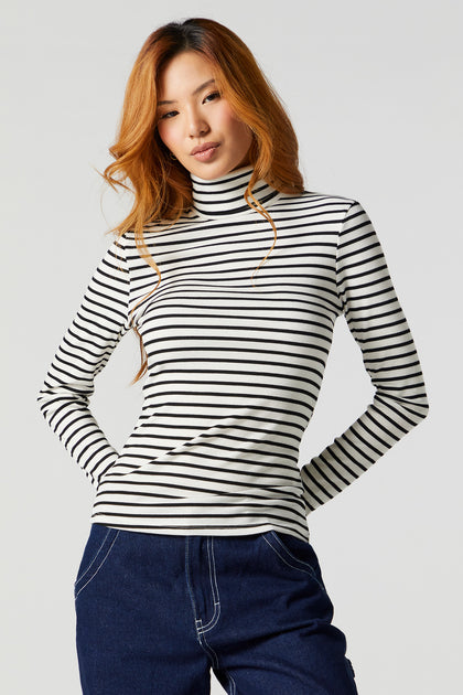 Solid Ribbed Two piece Set Funnel Neck Long Sleeve Tops High