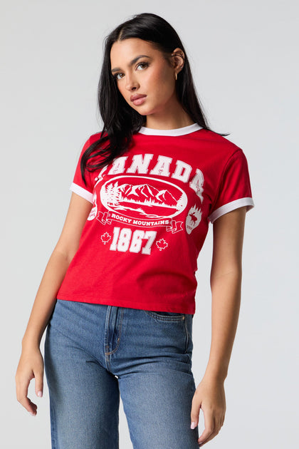 T-shirt à liséré contrastant avec imprimé Canada 1867 Canada Day
