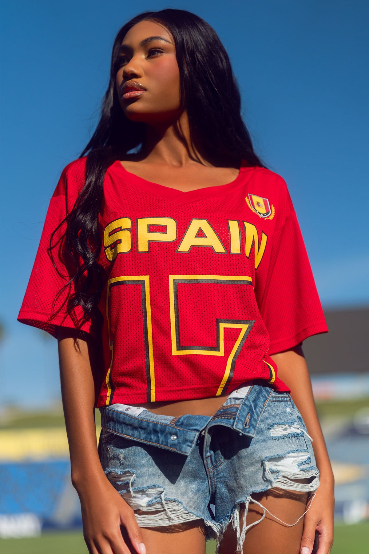 Jersey de soccer à imprimé Espagne écourté en filet écourté