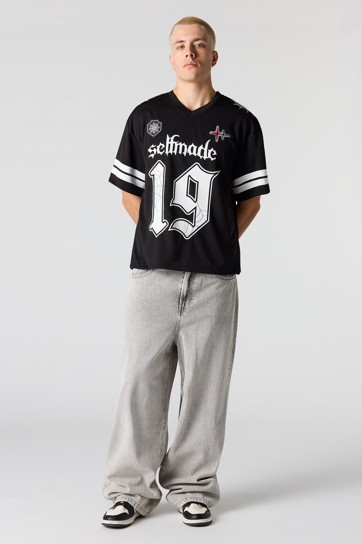 Alt View 3. Selfmade Embroidered Graphic Mesh Football Jersey - Black