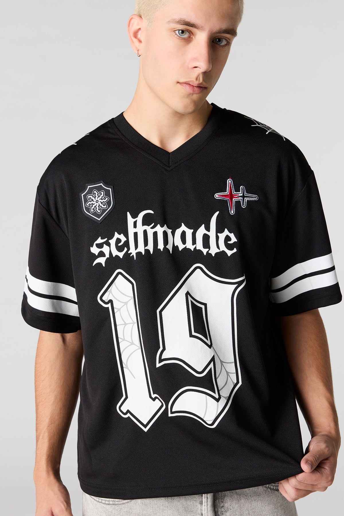 Alt View 4. Selfmade Embroidered Graphic Mesh Football Jersey - Black
