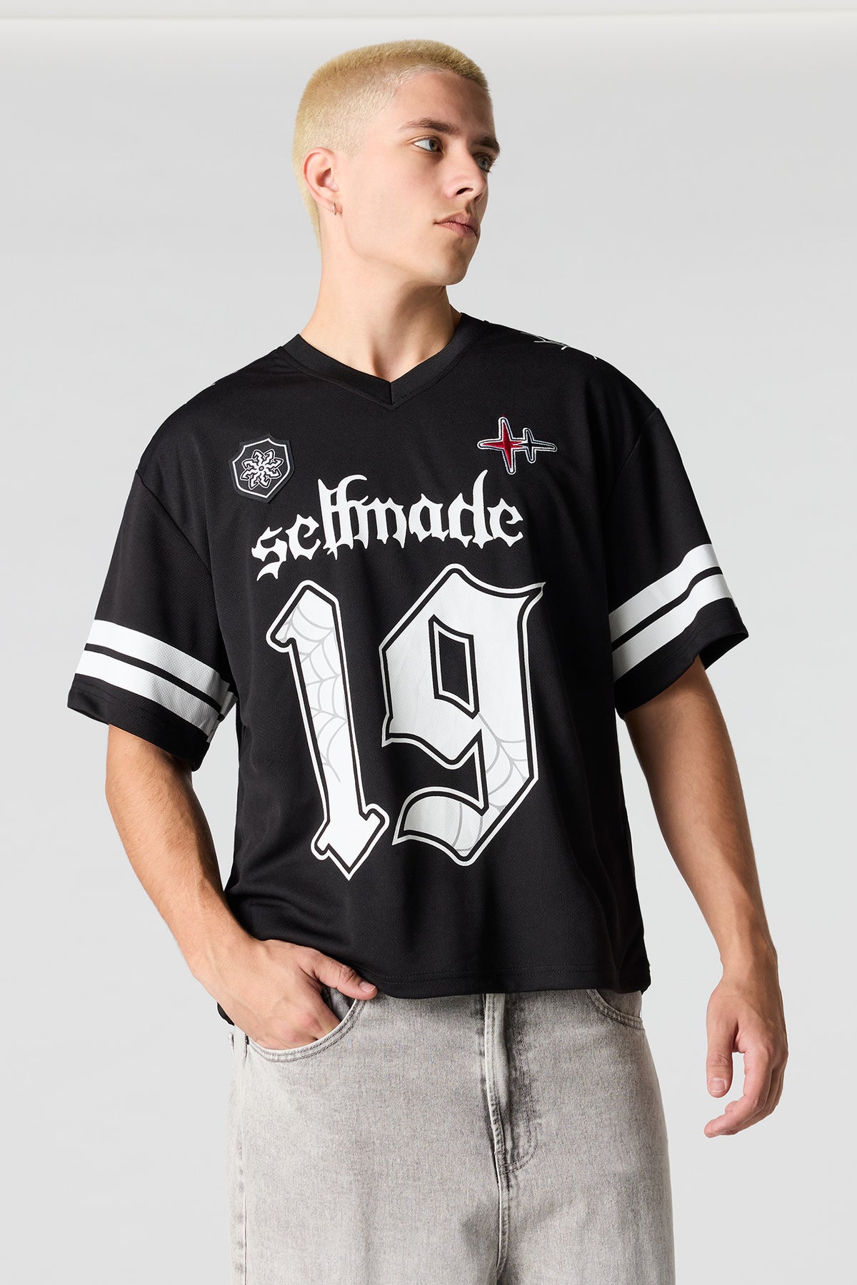 Selfmade Embroidered Graphic Mesh Football Jersey - Black