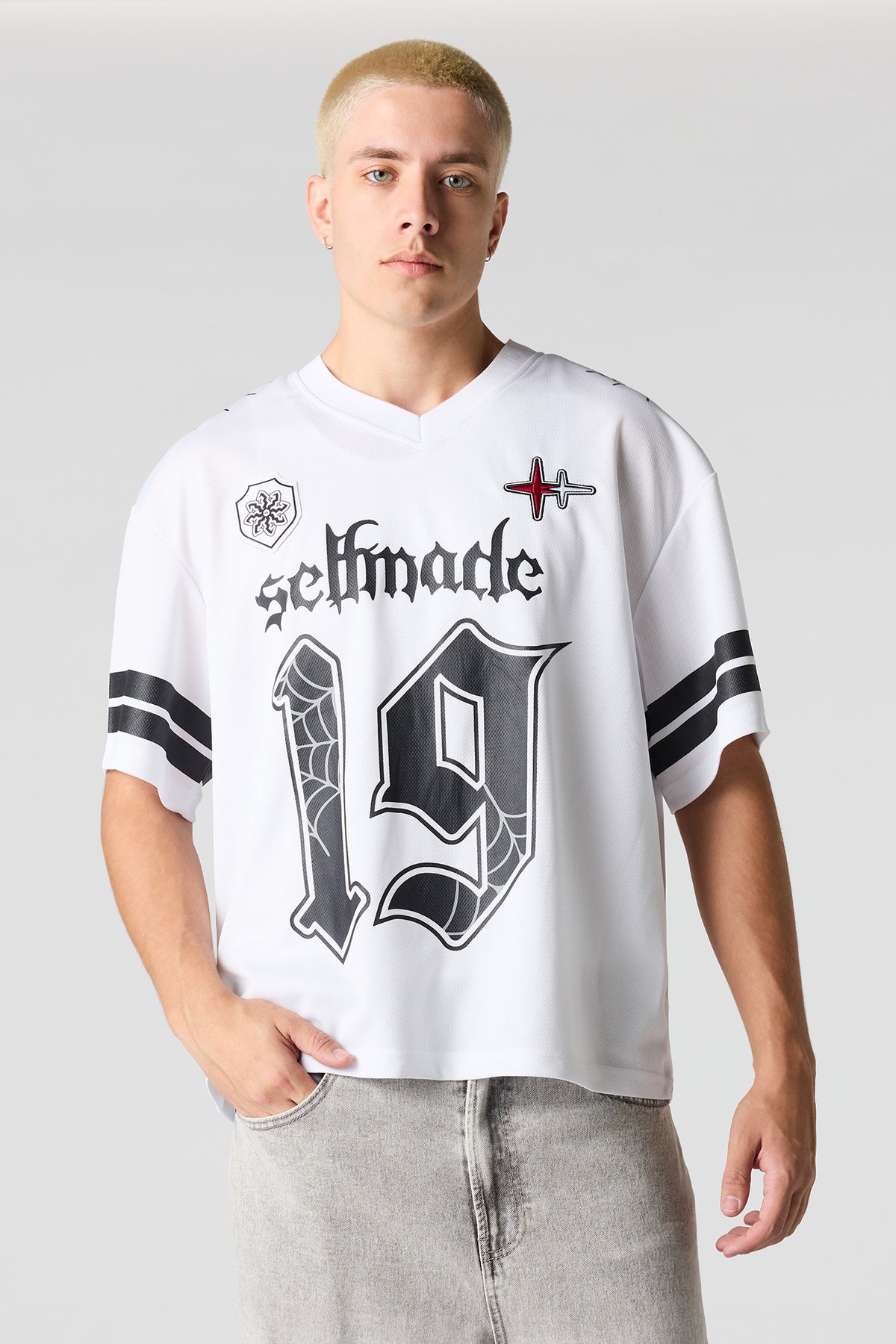 Alt View 4. Selfmade Embroidered Graphic Mesh Football Jersey - White