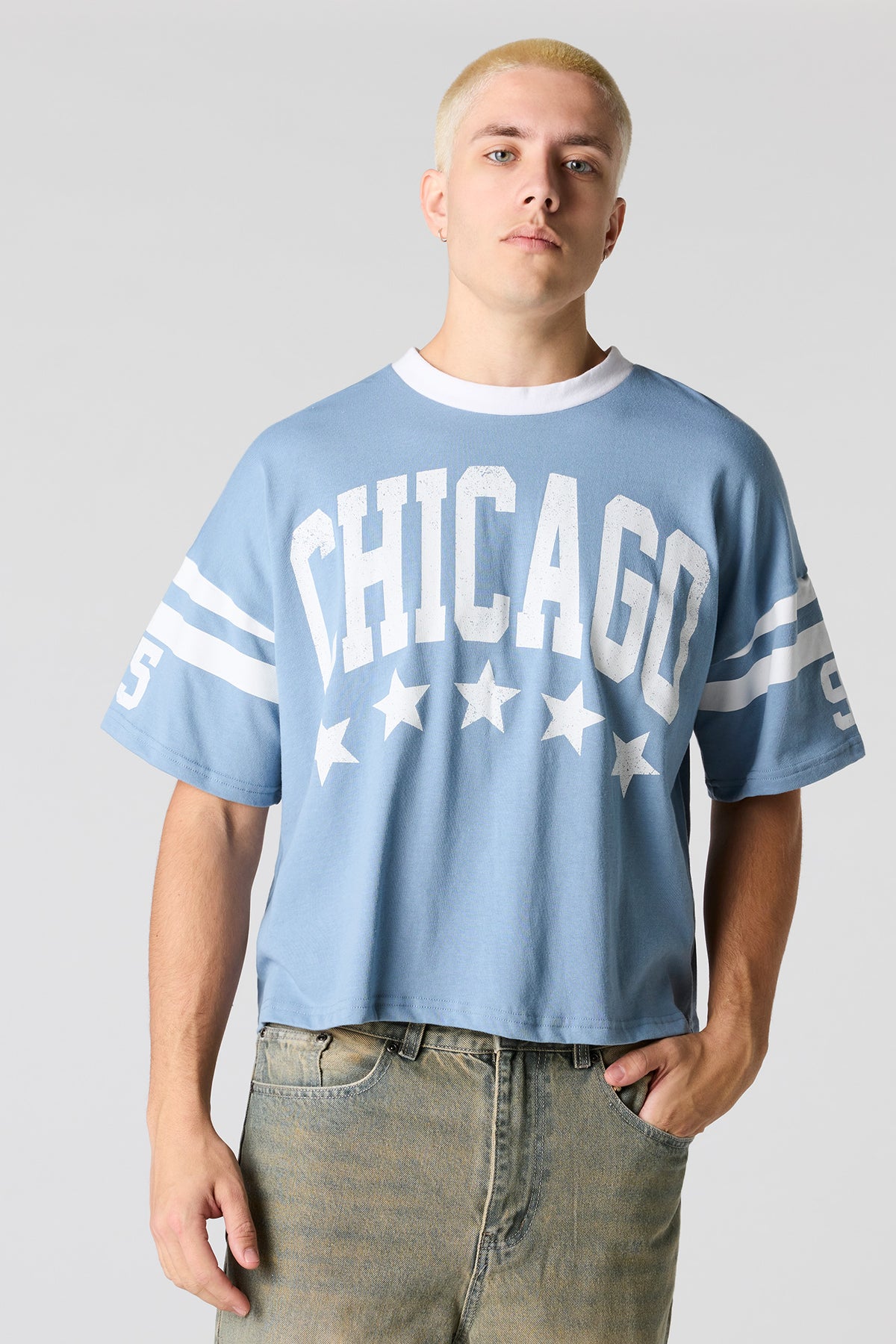 Alt View 2. Premium Heavyweight Cotton Boxy Football T-Shirt - Blue