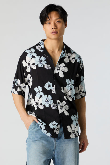 Black Floral Print Short Sleeve Button-Up Top