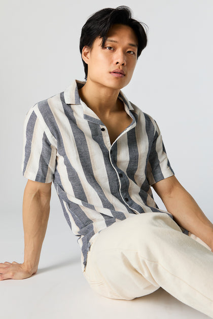 Textured Striped Short Sleeve Button-Up Front