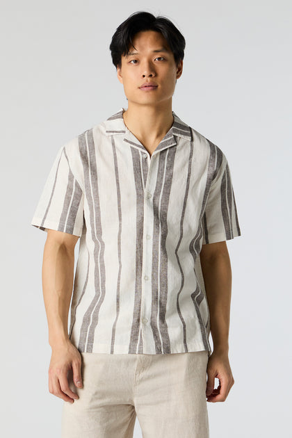 Linen Striped Short Sleeve Button-Up Top