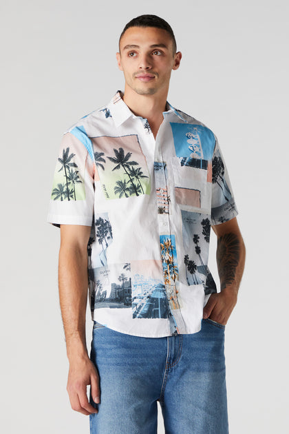 Hawaiian California Sunshine Print Button-Up Top