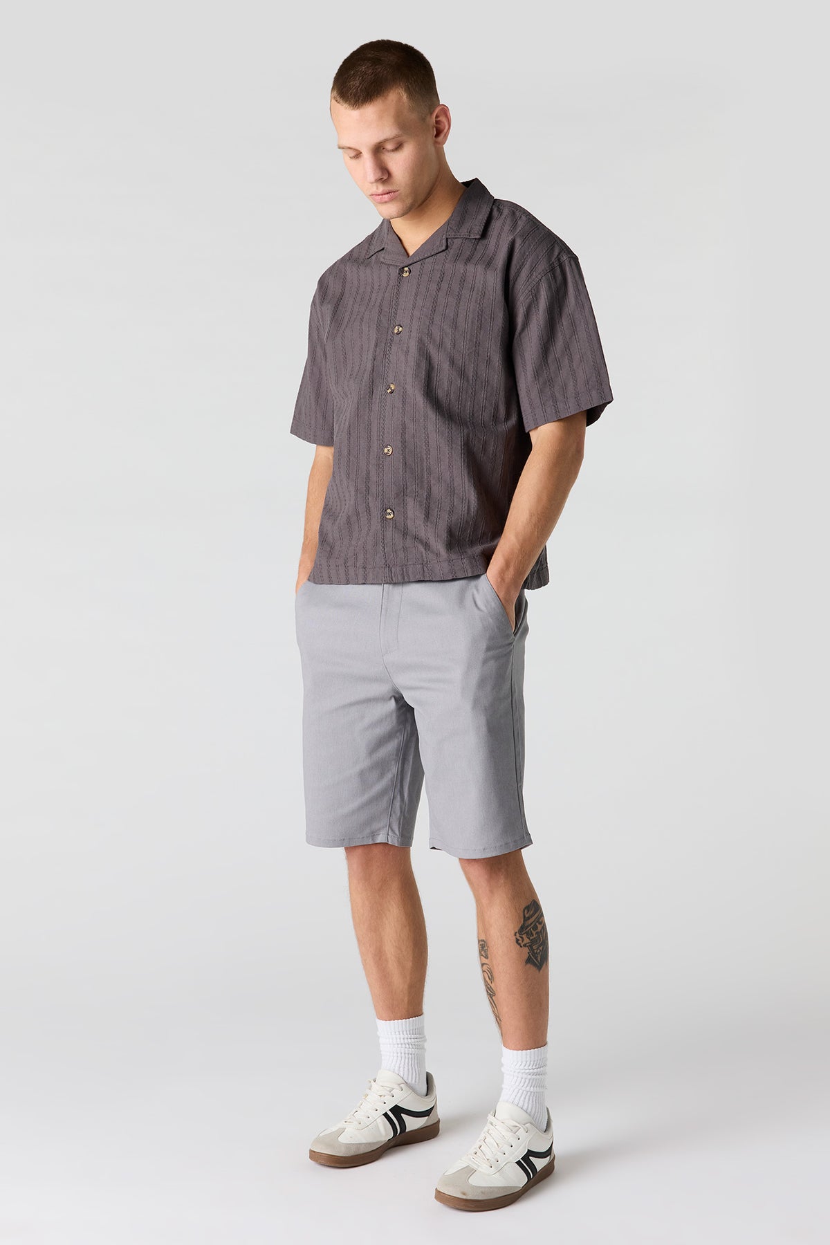 Alt View 3. Linen-Blend Textured Button-Up Top - Dark Grey