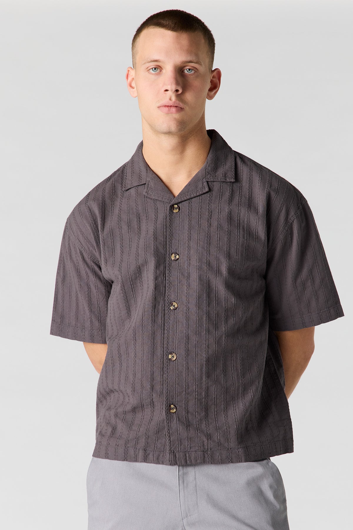 Linen-Blend Textured Button-Up Top - Dark Grey