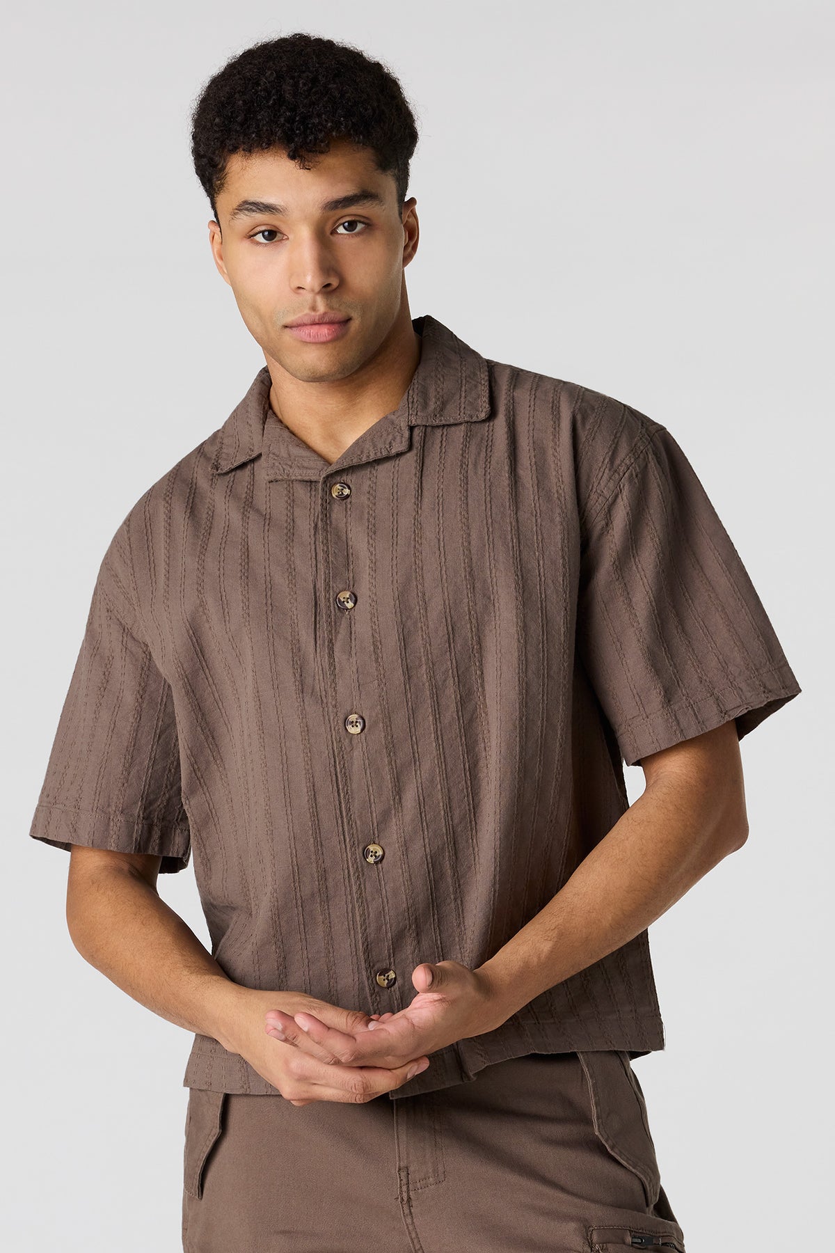 Linen-Blend Textured Button-Up Top - Brown