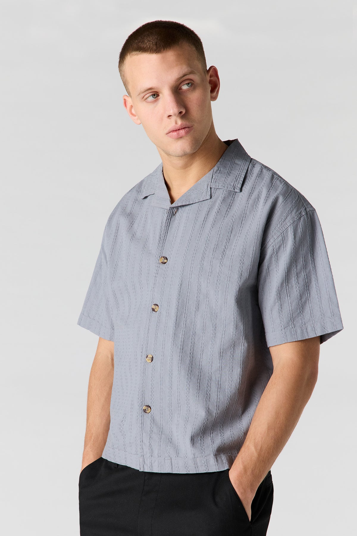Alt View 4. Linen-Blend Textured Button-Up Top - Blue